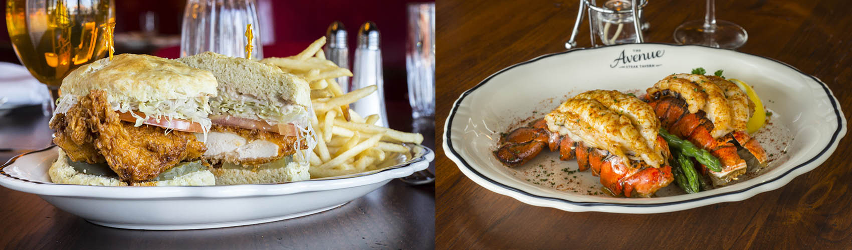 Two meals displayed on plates: chicken sandwich with french fries on the side and lobster dinner with lemon garnish and asparagus.